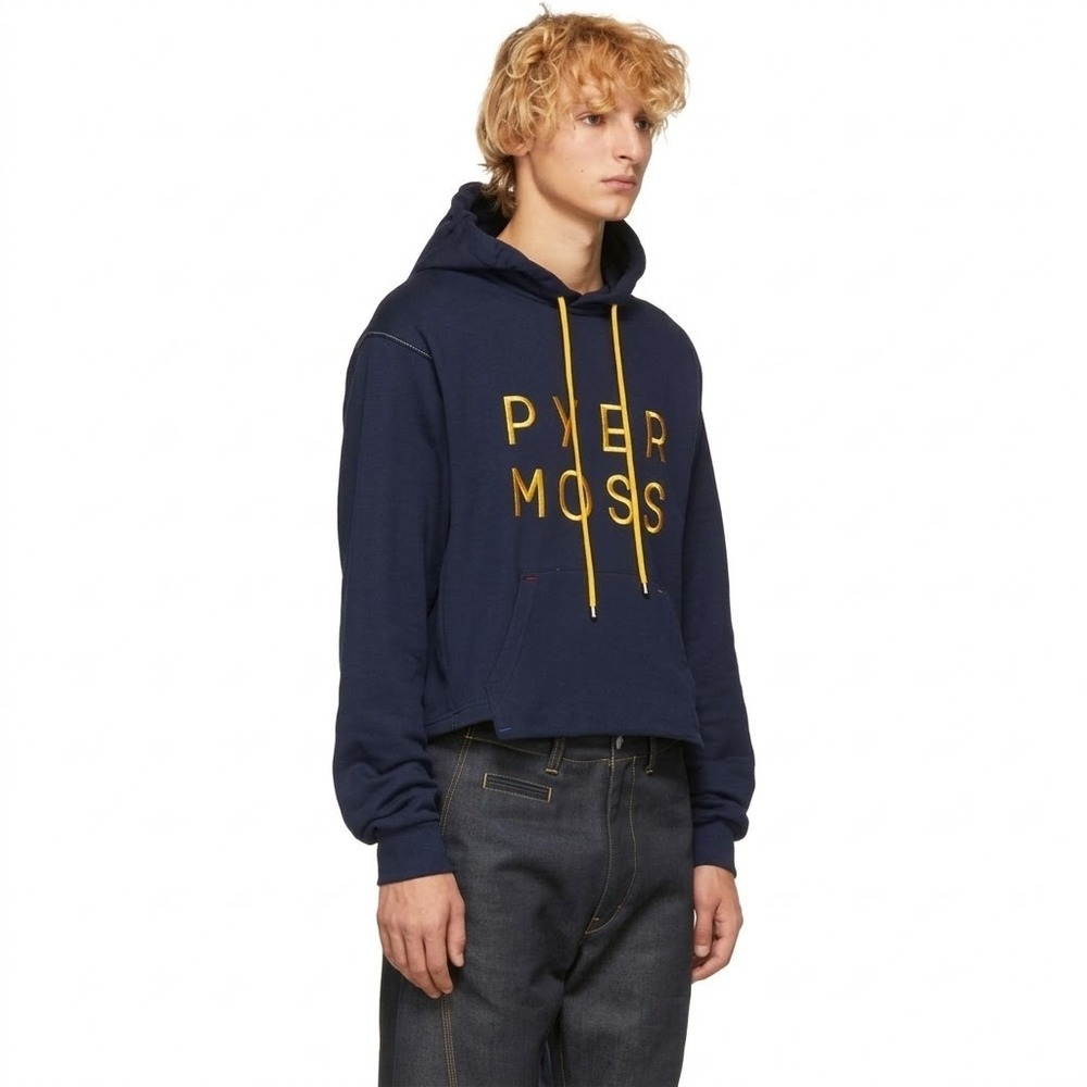 Pyer Moss Cropped Logo Hoodie Sweatshirt In Navy Blue Men's One Size